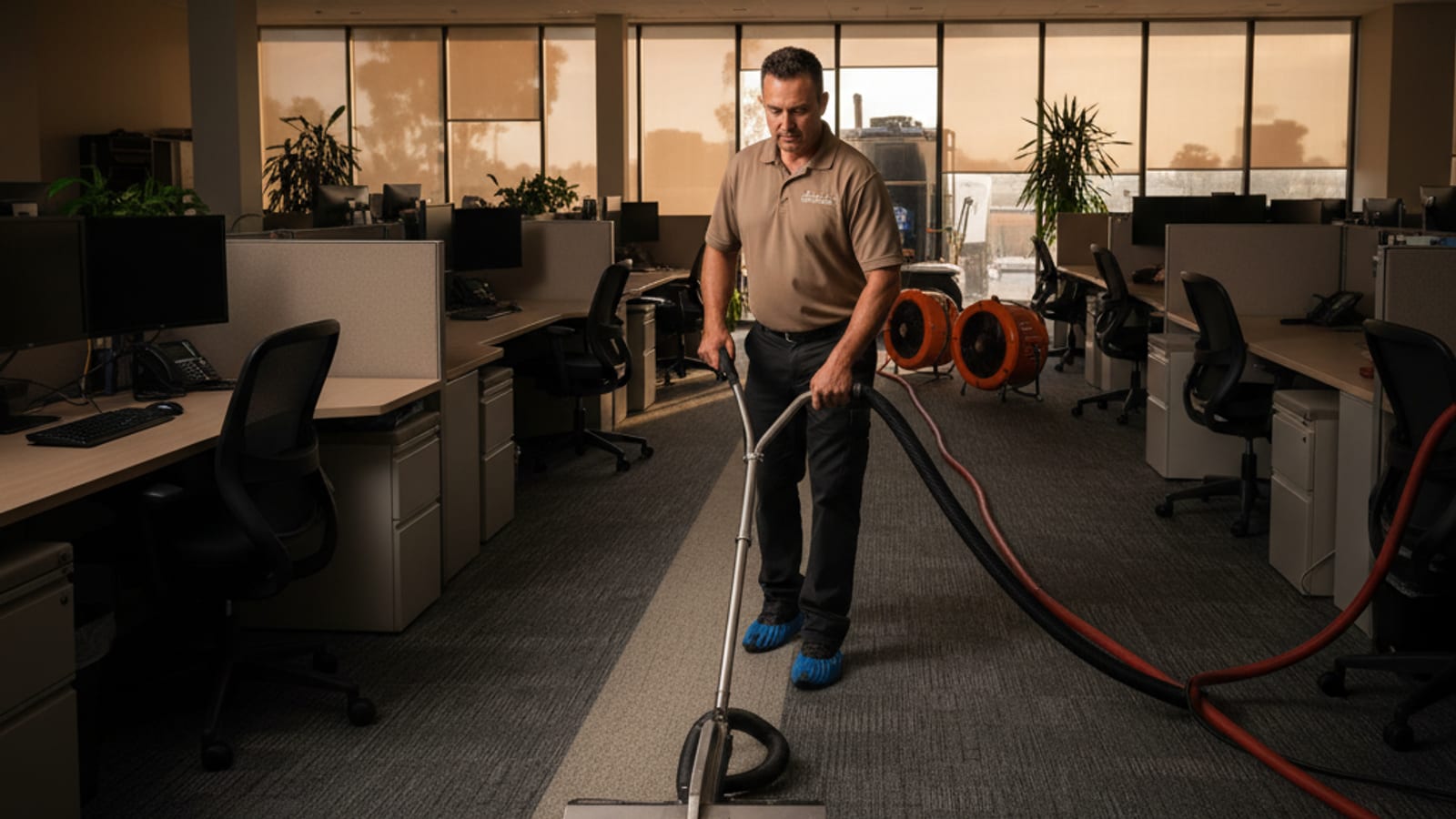 After-hours commercial carpet cleaning in an open-plan office with rows of workstations and a technician running an extraction wand