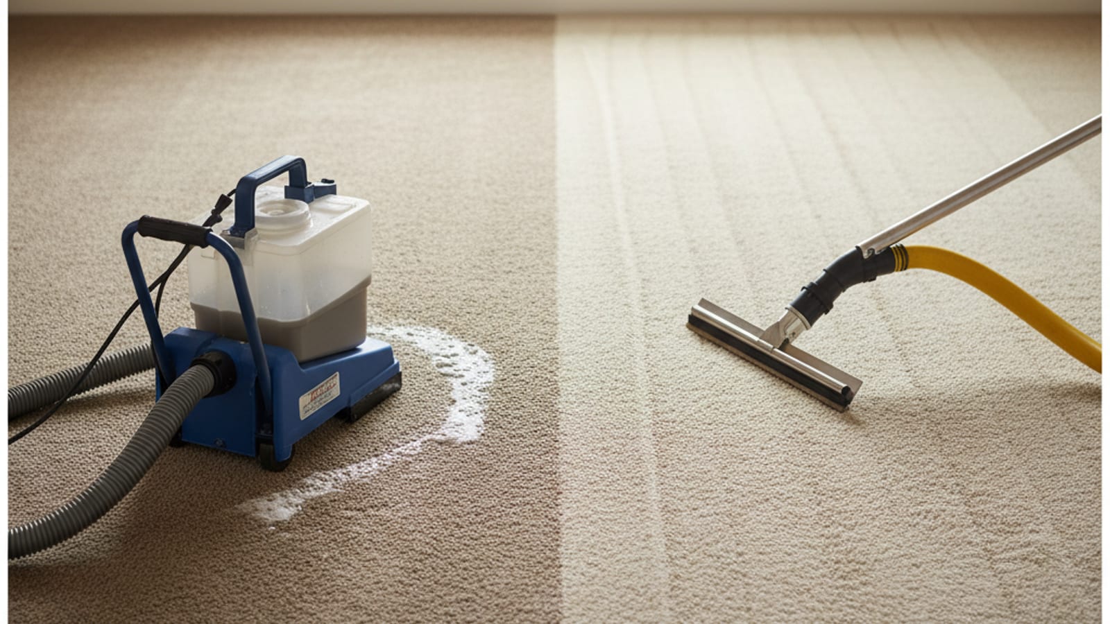 Side-by-side carpet comparison with one half cleaned by a rental machine still visibly damp and the other half cleaned by professional truck-mounted extraction already dry and bright