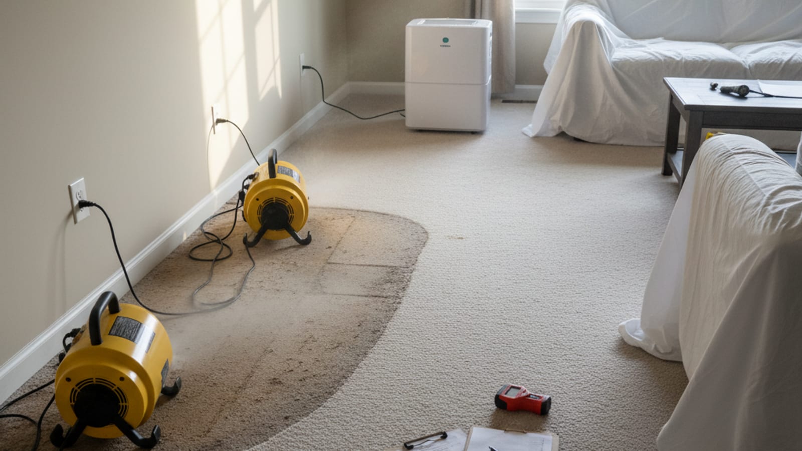 Flooded San Diego living room with soaked carpet and commercial air movers running for structural drying
