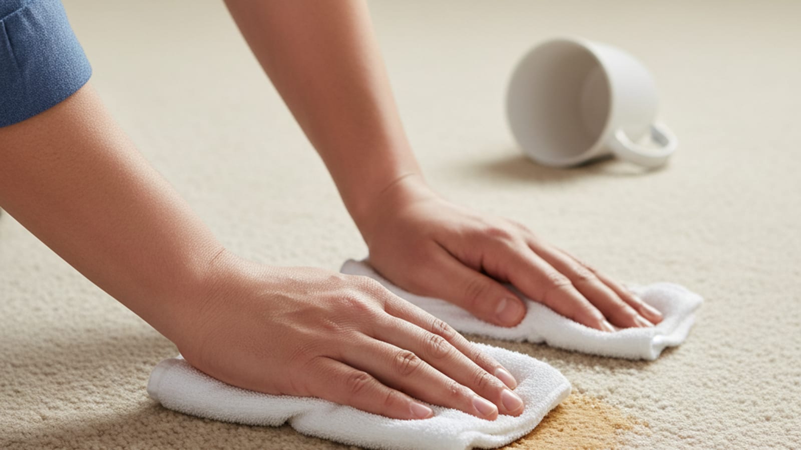 Homeowner's hands blotting a fresh coffee spill on light carpet with a clean white microfiber towel