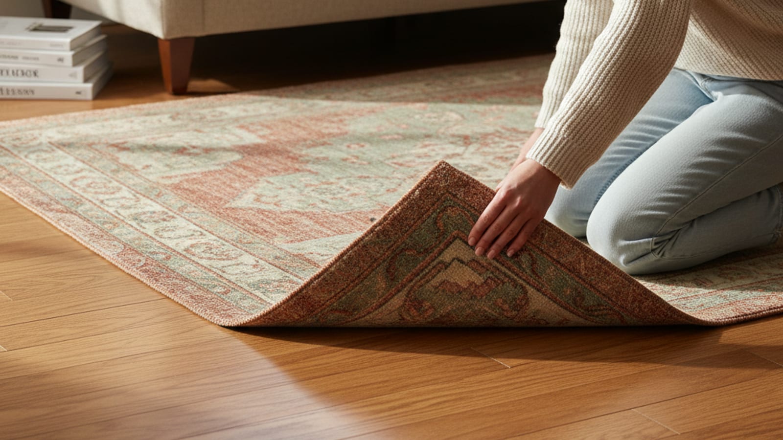Homeowner lifting one edge of a small area rug on a living room floor to rotate it a quarter-turn for even wear