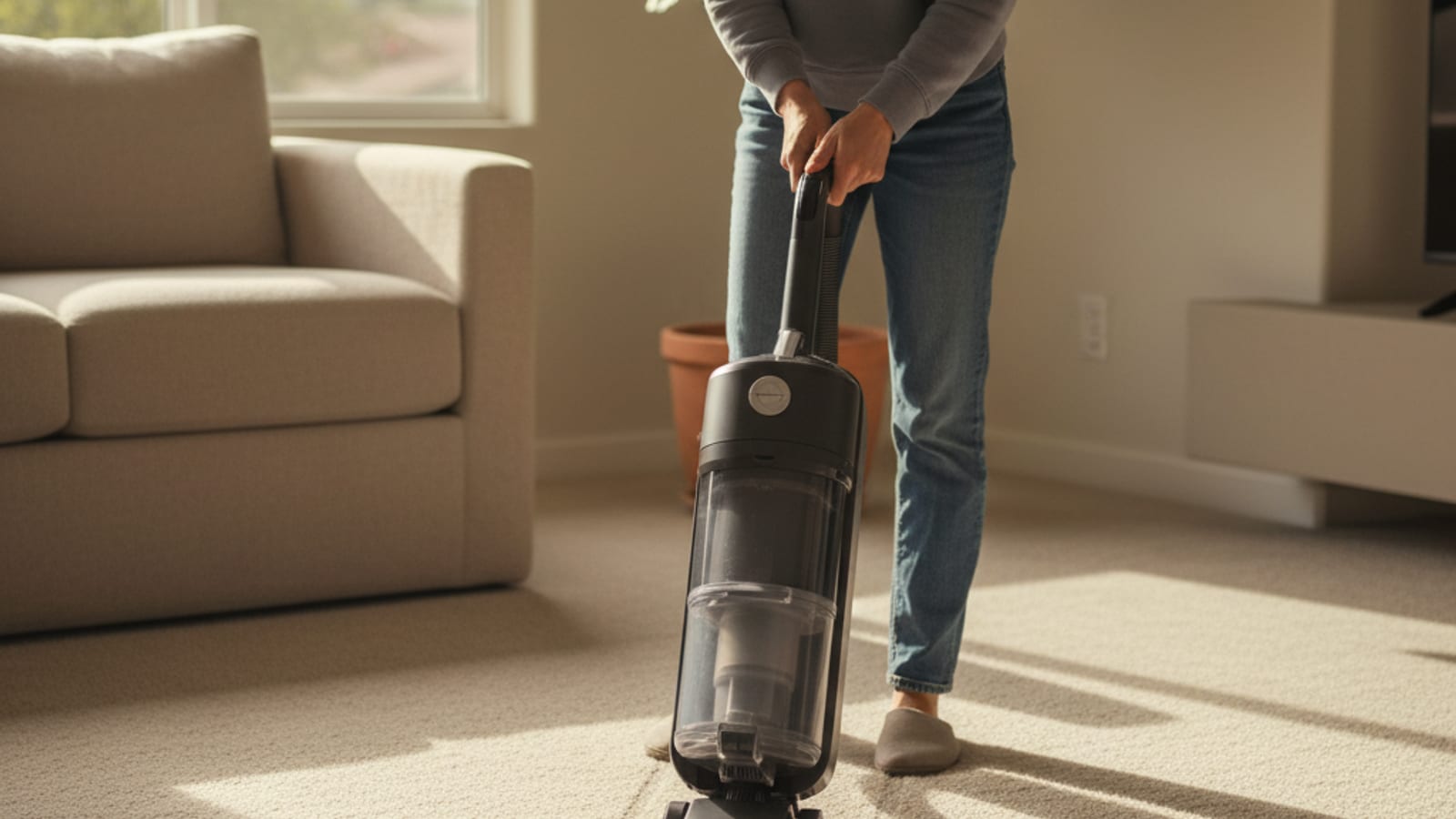 Homeowner pushing a modern upright vacuum across plush living room carpet with fresh parallel vacuum stripes behind the machine
