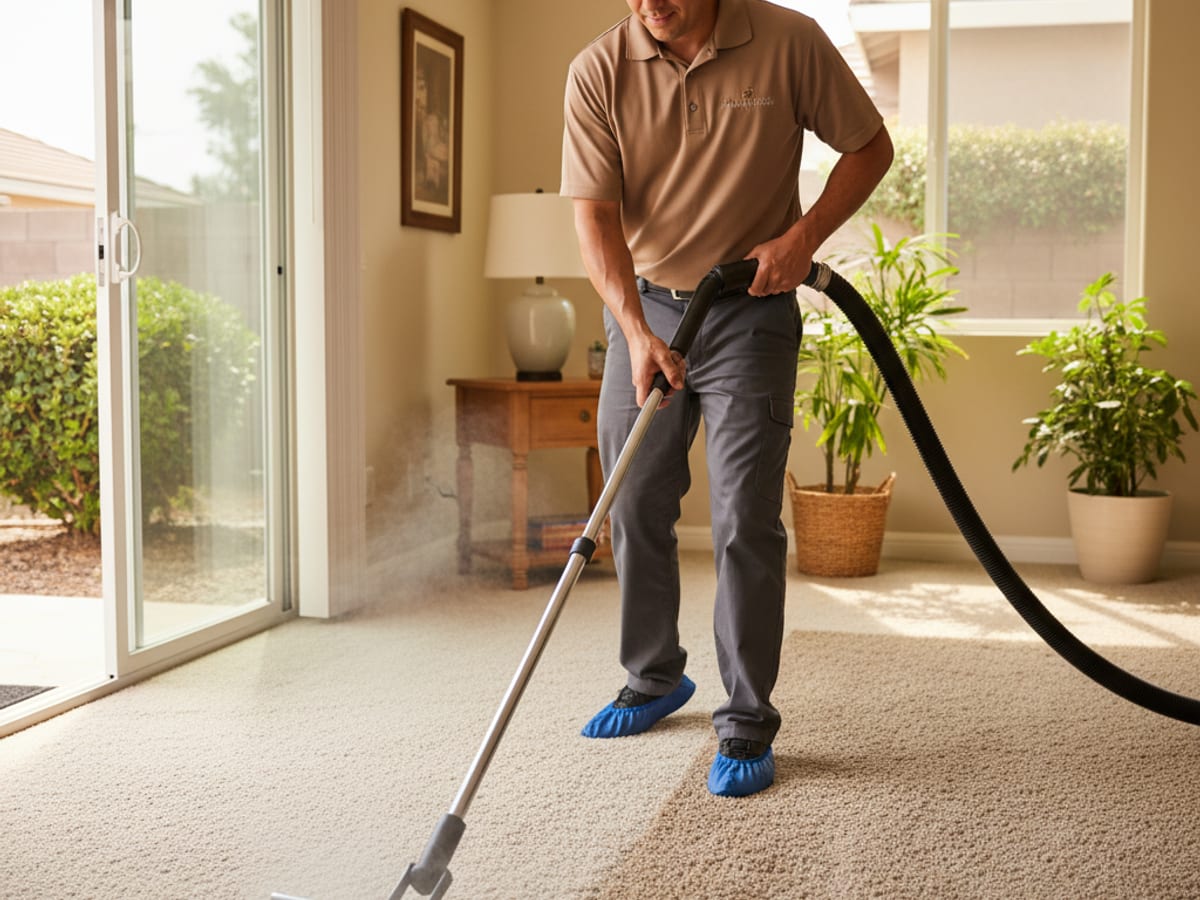 Truck-mounted carpet cleaning wand pulling clean stripes across a plush living-room carpet in a San Diego home