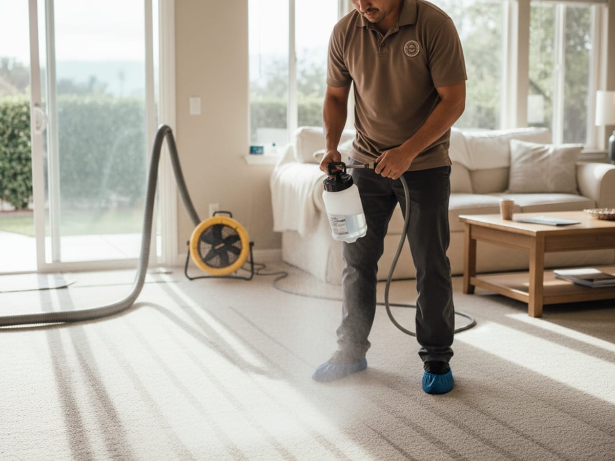 A technician misting clear carpet protector onto freshly cleaned beige carpet in a sunlit San Diego living room