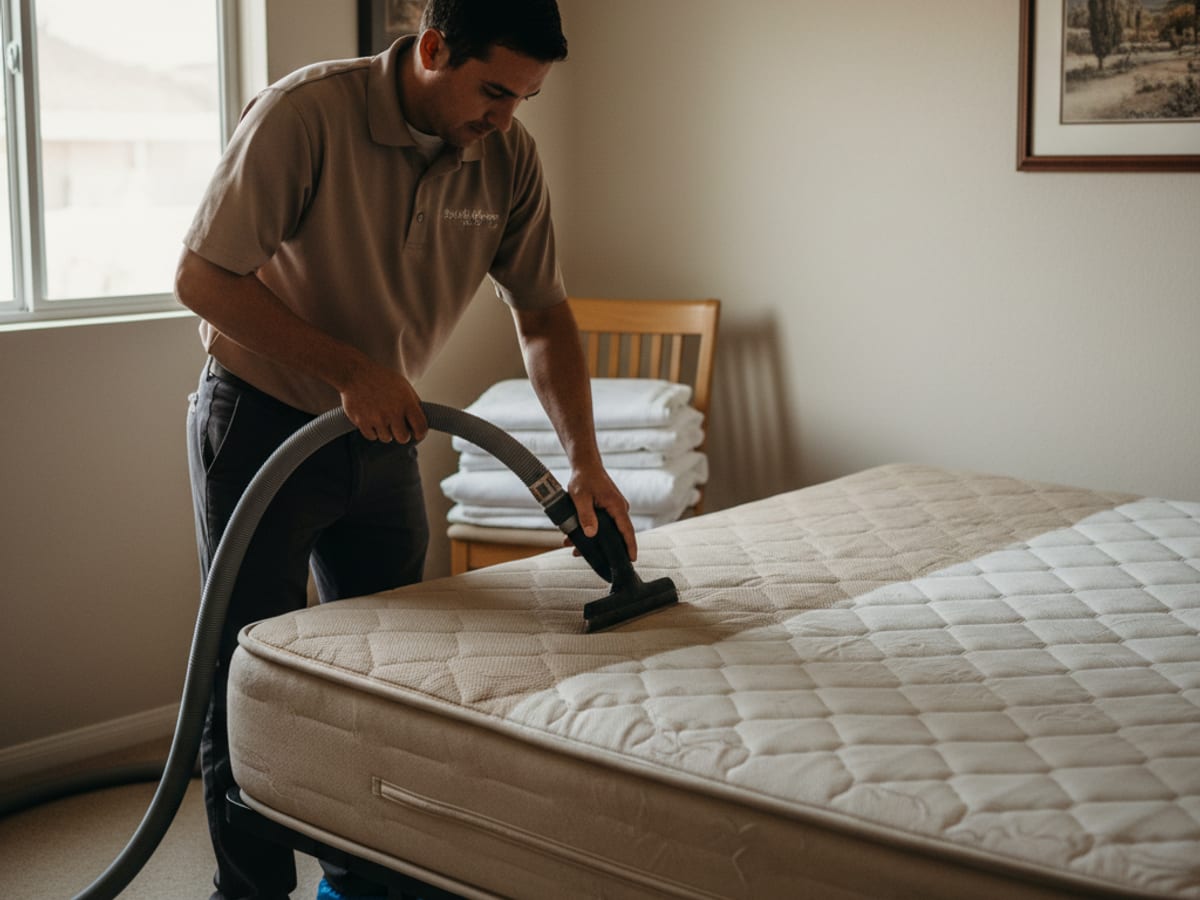 A clean, freshly serviced mattress in a bright San Diego bedroom