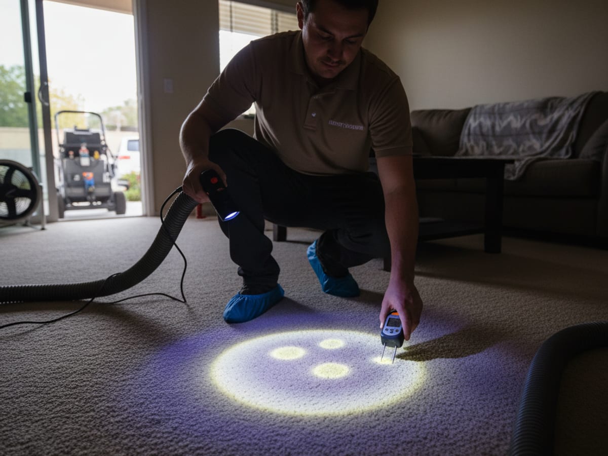 UV light revealing dried pet urine spots on carpet for targeted treatment
