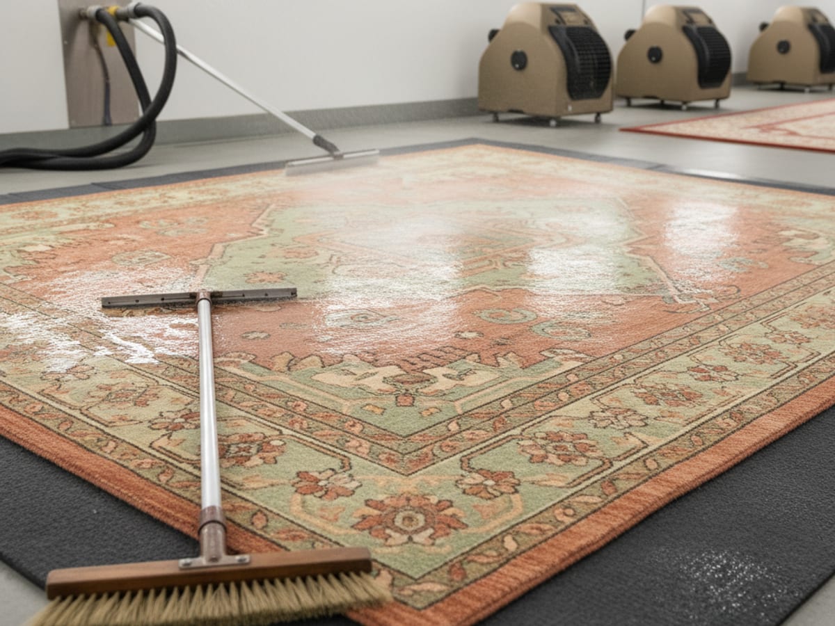 Patterned area rug being cleaned flat in a San Diego home with natural light from a coastal window