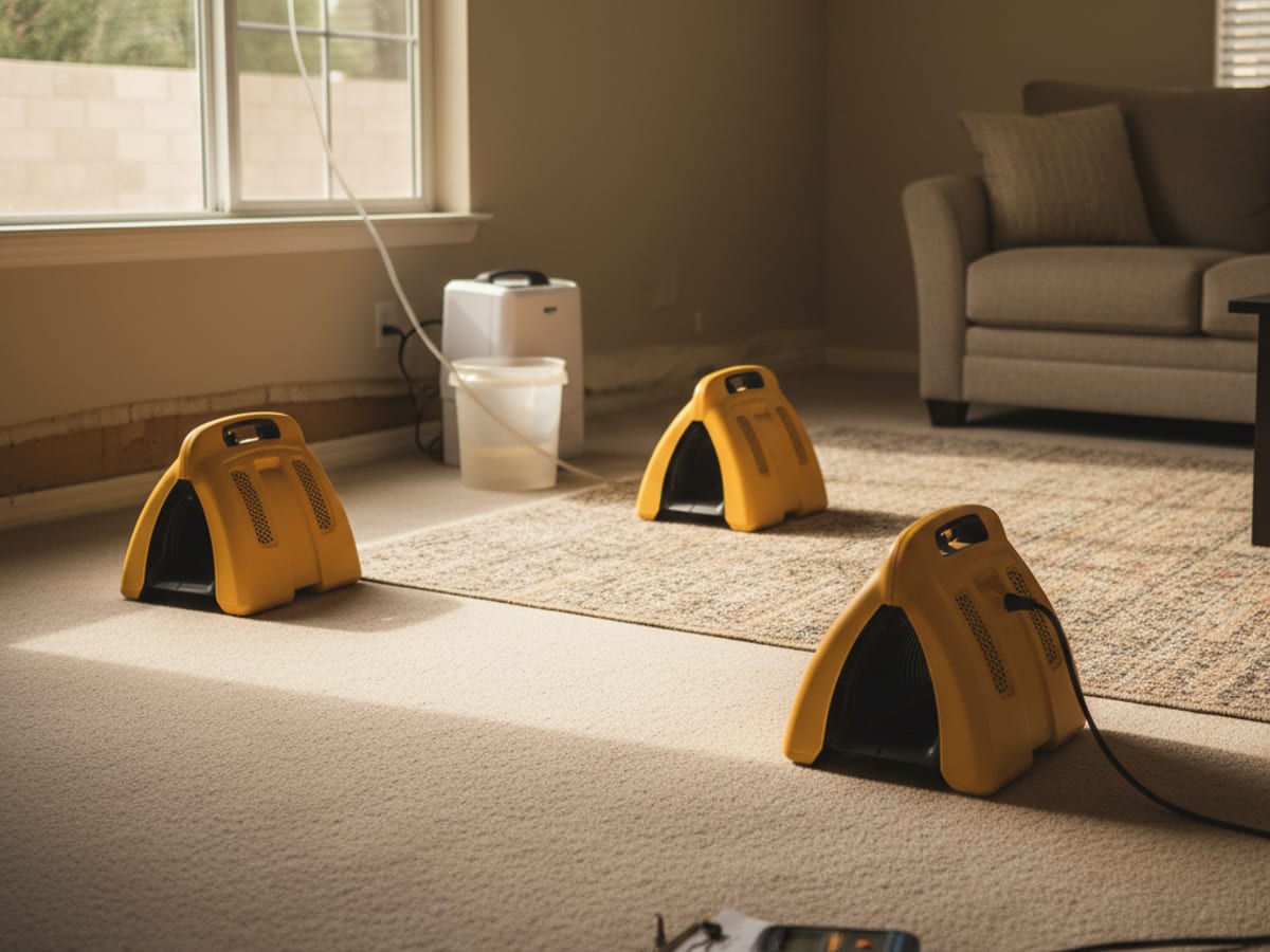 Commercial air movers and dehumidifier drying wet carpet in a flooded living room